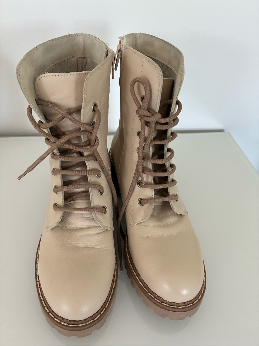 Neutral Beige Lace-Up Combat Boots with Lug Sole